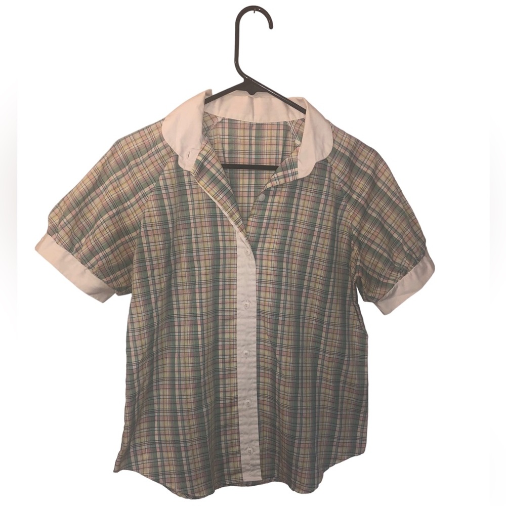 Vintage Button-Down Pastel Plaid Blouse